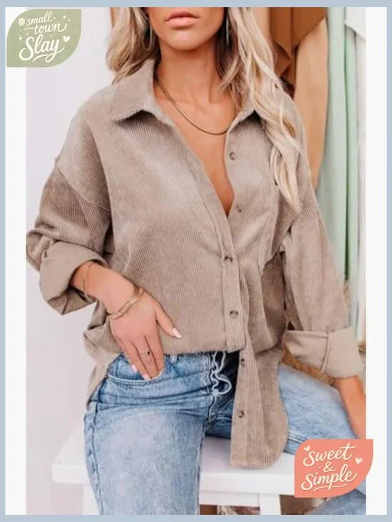 Oversized Corduroy Button Down Shirt with Pockets Long Sleeve V Neck Blouse - Picture 3 of 7